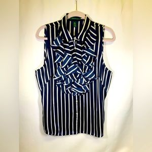 Lauren Ralph Lauren Navy Stripe Blouse with Ruffles